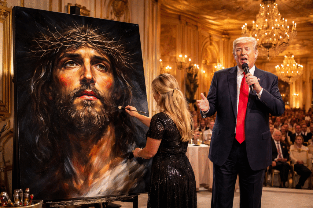 A live-painted portrait of Jesus Christ on a black canvas displayed on stage at Mar-a-Lago, with the artist painting in the foreground and President Donald Trump speaking to an audience in a formal ballroom setting.