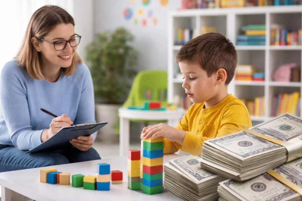 A child participates in an autism therapy session with a therapist using colorful blocks at a table, while stacks of U.S. dollar bills sit nearby in a clinical therapy room setting.