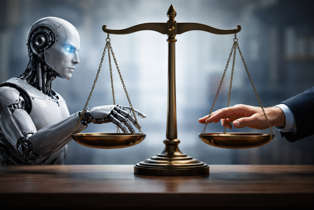 A humanoid robot and a human hand balance opposite sides of a brass justice scale, symbolizing a legal and ethical comparison between artificial intelligence and human rights.