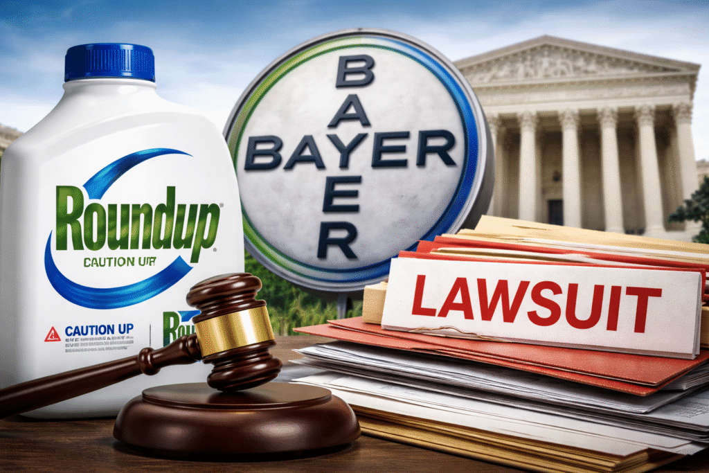 A Roundup herbicide bottle sits beside a judge’s gavel and a stack of legal case files labeled “lawsuit,” with the Bayer logo and the U.S. Supreme Court building blurred in the background.