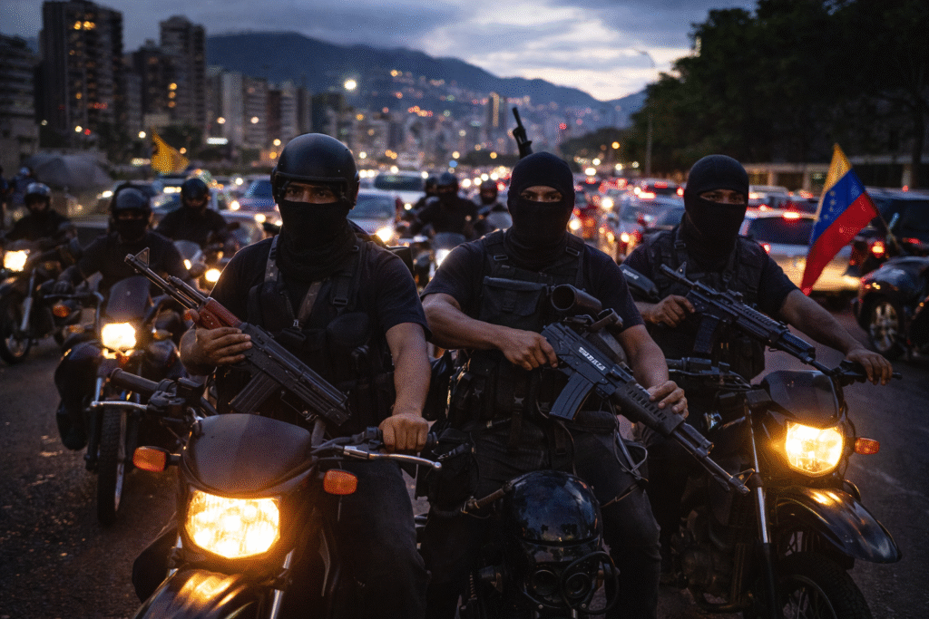 Armed, masked men riding motorcycles through heavy traffic in Caracas at dusk, carrying rifles, with city buildings and mountains visible in the background.