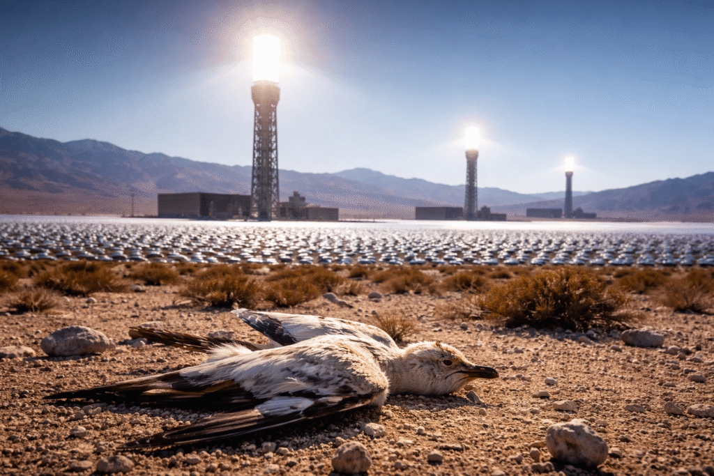 Wide desert view of the Ivanpah Solar Electric Generating System with three solar towers and surrounding mirrors, with a dead bird lying on the ground in the foreground beneath concentrated sunlight.