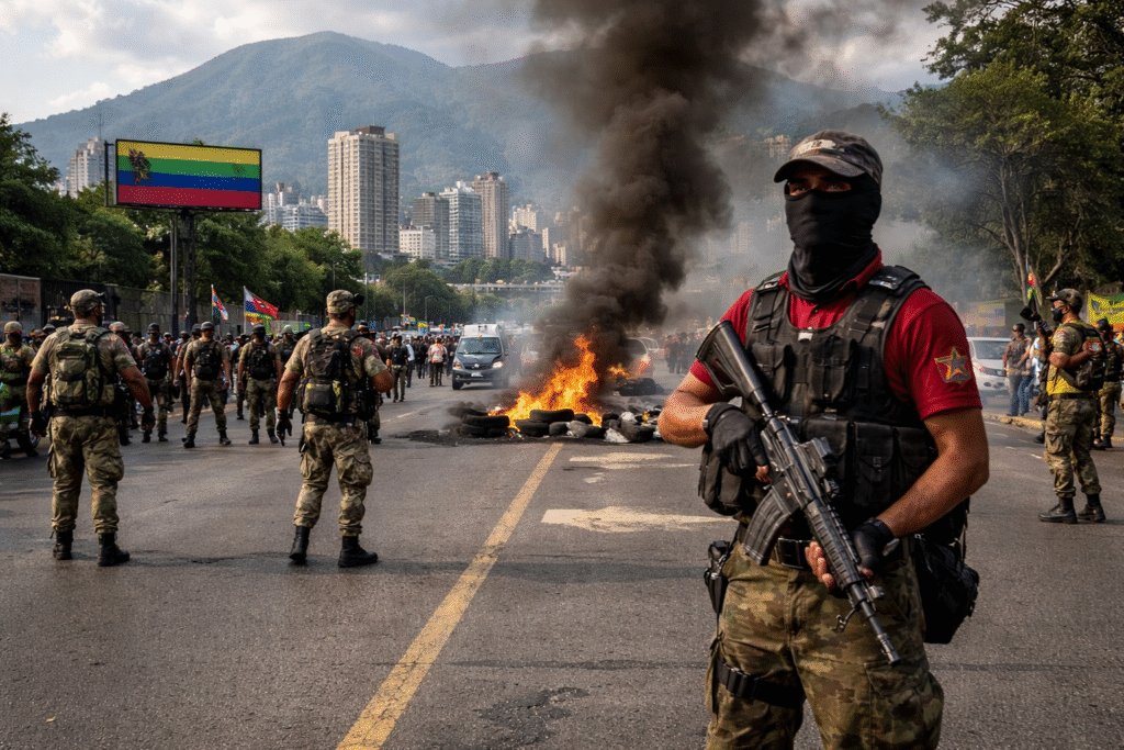 Armed militia members stand at a roadblock in Caracas with burning tires and smoke in the street, as city buildings and a Venezuelan flag billboard appear in the background.