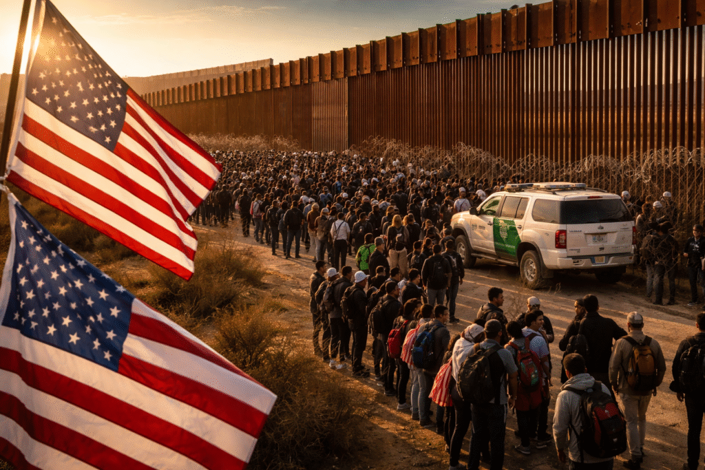 Large group of migrants lined up along the U.S.–Mexico border fence at sunset, with U.S. Border Patrol vehicles nearby and American flags in the foreground.