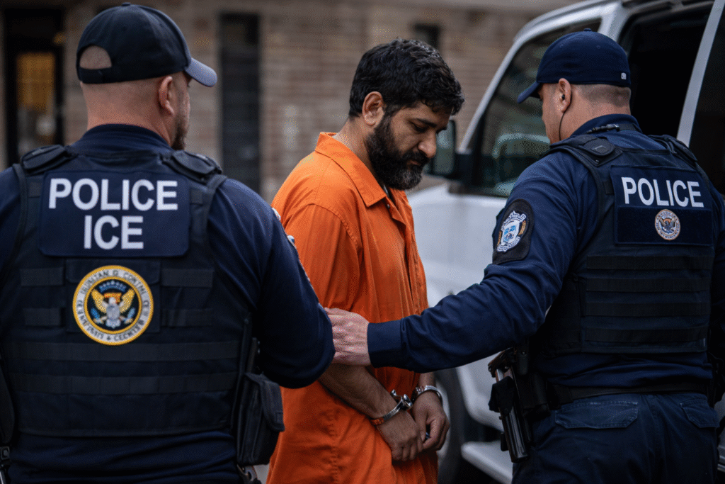 ICE officers escort a handcuffed man wearing an orange jumpsuit toward an enforcement vehicle during an immigration arrest in an urban New York setting.