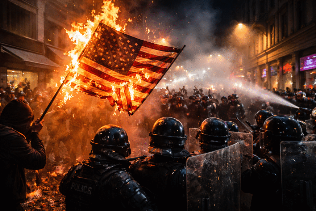 Burning American flag held by a masked protester as riot police in full gear confront demonstrators using shields and water cannons during violent protests in a European city ahead of the Davos summit.