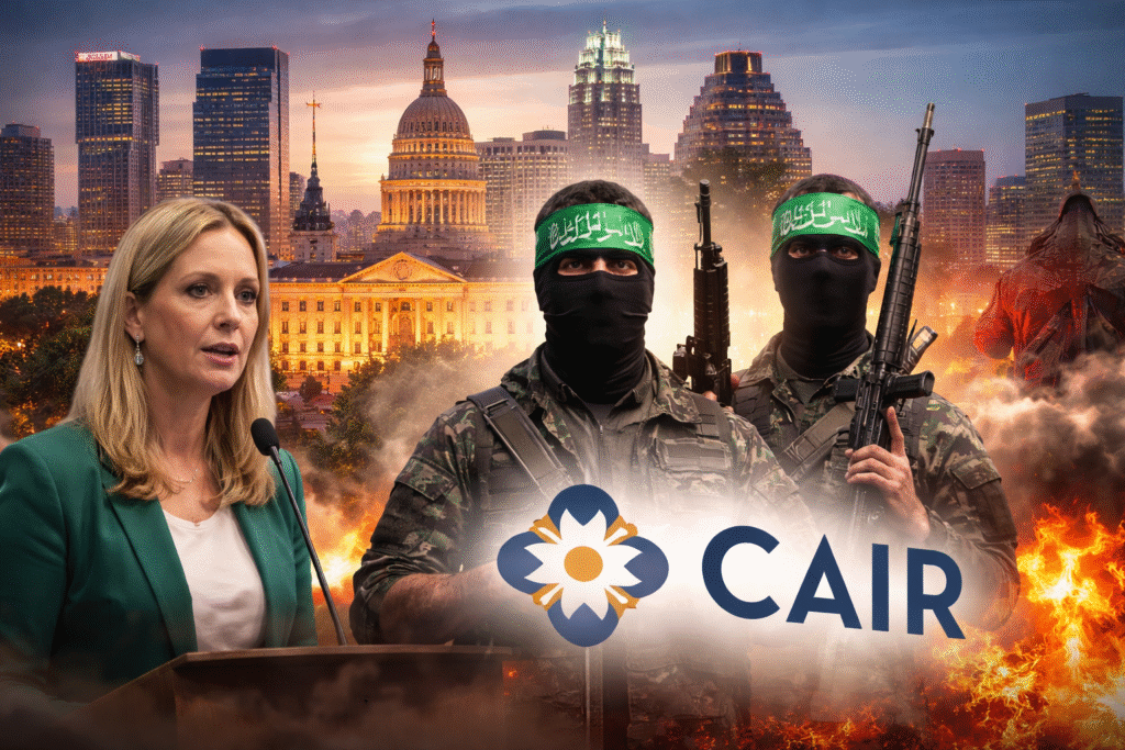 Composite image showing the Austin, Texas skyline and Texas State Capitol behind a city council podium, with an Austin councilwoman speaking in the foreground and armed, masked militants wearing green headbands standing prominently beside a CAIR logo amid a dramatic, fiery background.