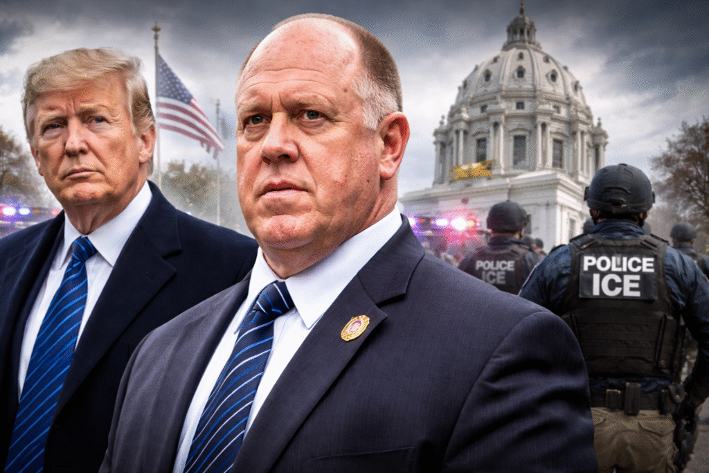 border czar Tom Homan standing in front of President Donald Trump, with the Minnesota State Capitol in the background and ICE officers visible nearby, representing federal immigration enforcement activity amid DHS leadership tensions.