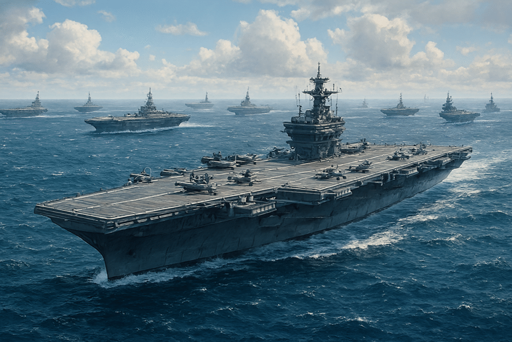 A fleet of aircraft carriers sails across a deep blue ocean under a dramatic, cloud-filled sky.