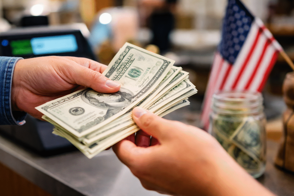 Close-up of hands exchanging U.S. dollar bills at a retail counter, with a point-of-sale terminal and an American flag visible in the background.