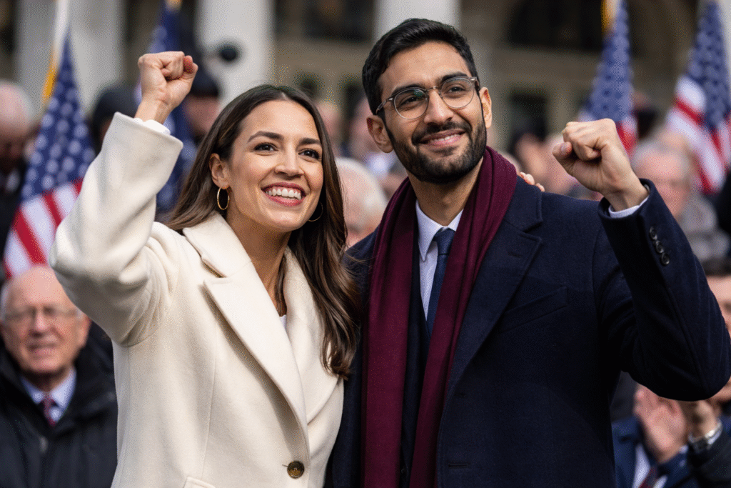 Alexandria Ocasio-Cortez stands beside New York City Mayor Zohran Mamdani at a public inauguration event, both raising their fists in front of a crowd with American flags visible in the background.