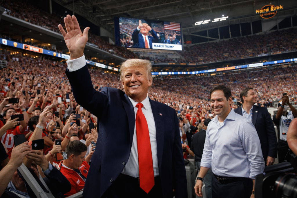 President Donald Trump waves to a cheering crowd at Hard Rock Stadium during the College Football Playoff championship, with packed stands and stadium video screens visible in the background.