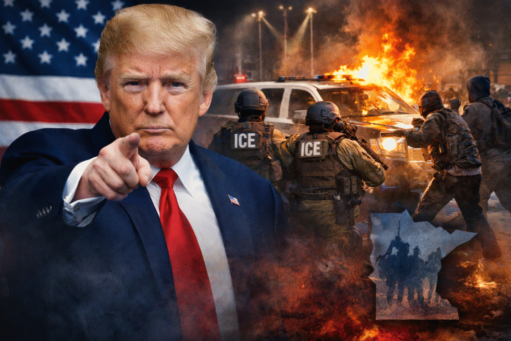President Donald Trump pointing forward beside ICE agents confronting attackers during a nighttime disturbance in Minneapolis, with a police vehicle on fire and protesters visible in the background.