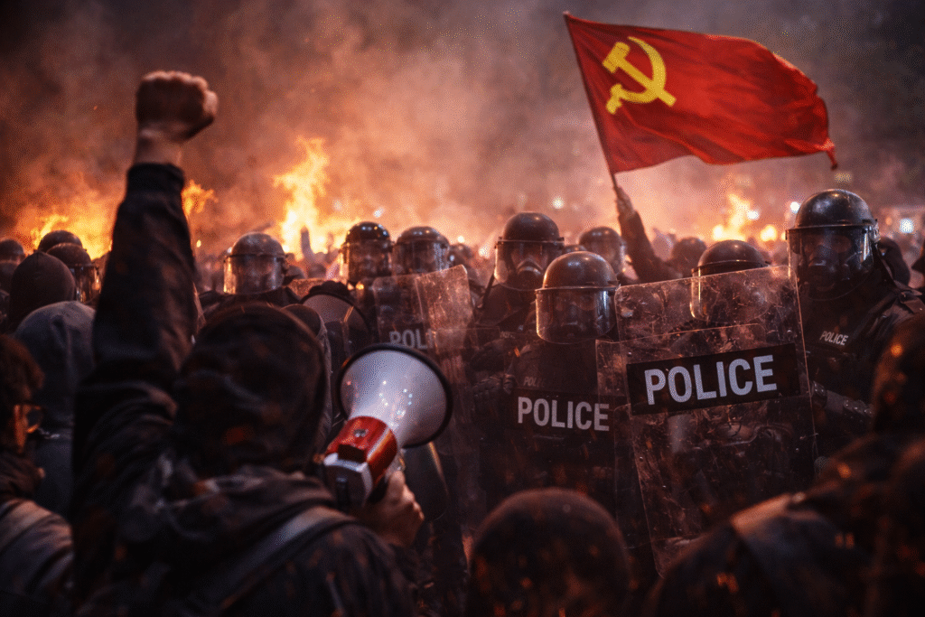 Riot police face a large nighttime crowd of masked protesters during an anti-ICE demonstration, with fires burning in the background and red protest flags raised amid heavy smoke and heightened security presence.