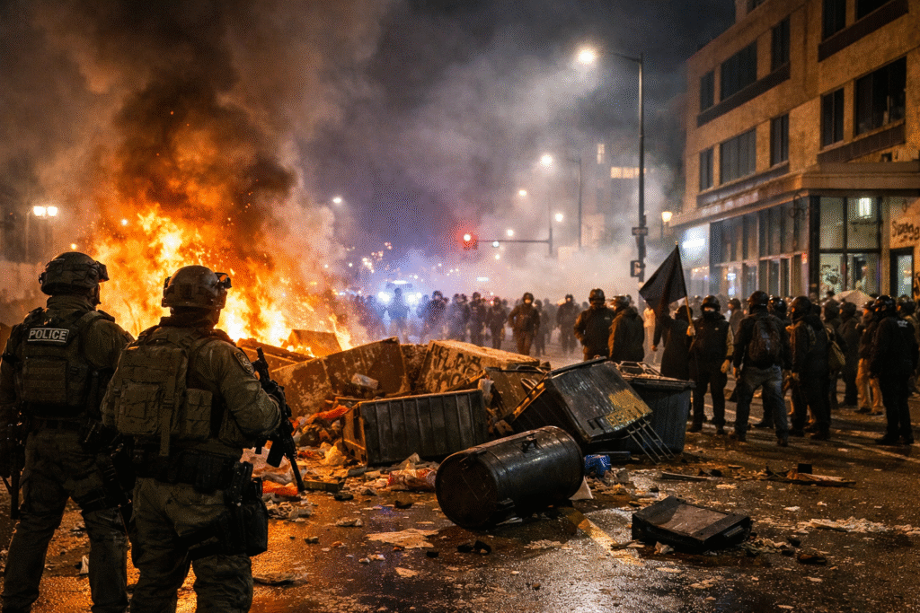 Nighttime Minneapolis street scene showing federal officers facing a large crowd near burning barricades of dumpsters and debris, with smoke, damaged buildings, and blocked roadways during unrest.