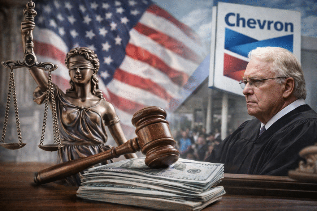 Composite image showing a blindfolded Lady Justice statue with scales, a judge seated at a courtroom bench, a gavel resting on stacks of U.S. dollar bills, and a Chevron sign visible in the background.