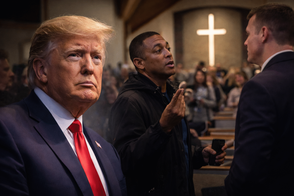 President Donald Trump in a dark suit and red tie appears in the foreground, while Don Lemon confronts a church leader inside a Christian church with a large illuminated cross visible behind the congregation.