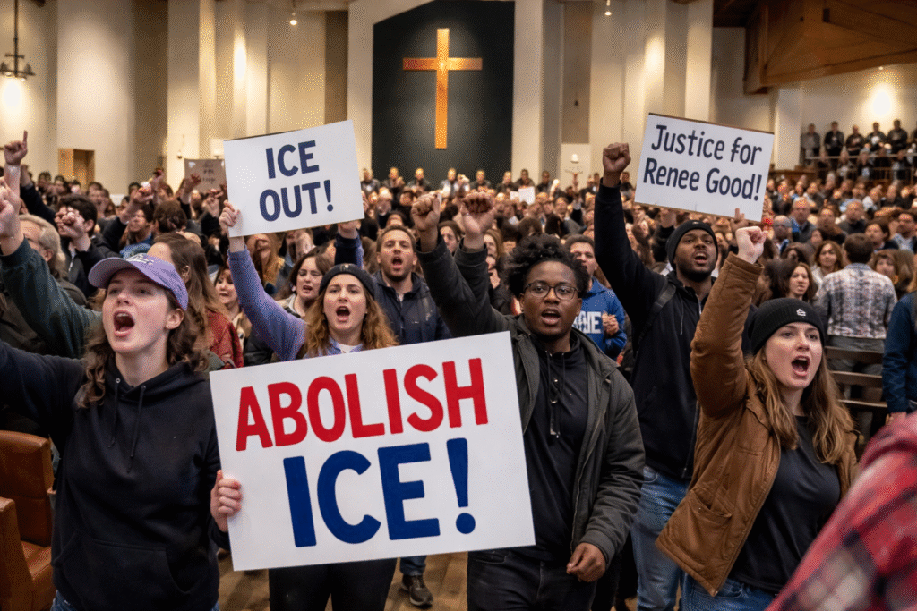 Anti-ICE protesters chanting and holding signs inside a Christian church sanctuary during a worship service, with a large wooden cross visible at the front of the church.