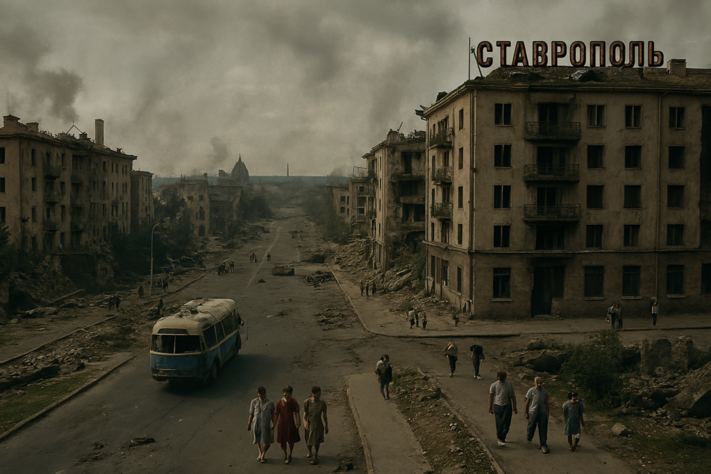 haunting realism as a war-torn cityscape. Crumbling buildings, shattered windows, and debris-strewn streets evoke the aftermath of urban conflict. The iconic “Ставрополь” sign hangs damaged above a battered boulevard, while civilians navigate cautiously through the ruins.