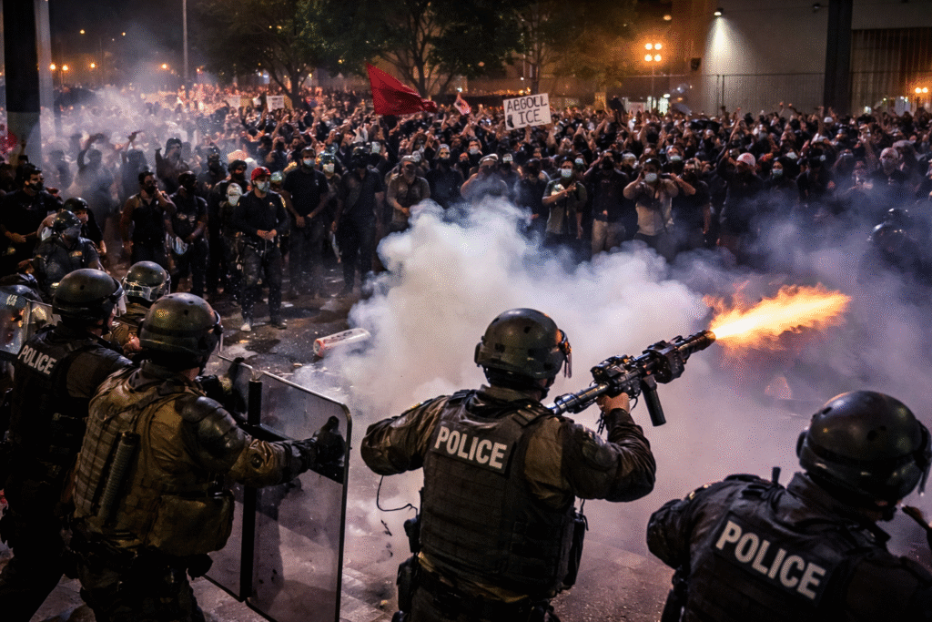 Federal agents in riot gear confront a large crowd of anti-ICE protesters in downtown Los Angeles at night as tear gas is deployed and clashes escalate outside a federal facility.