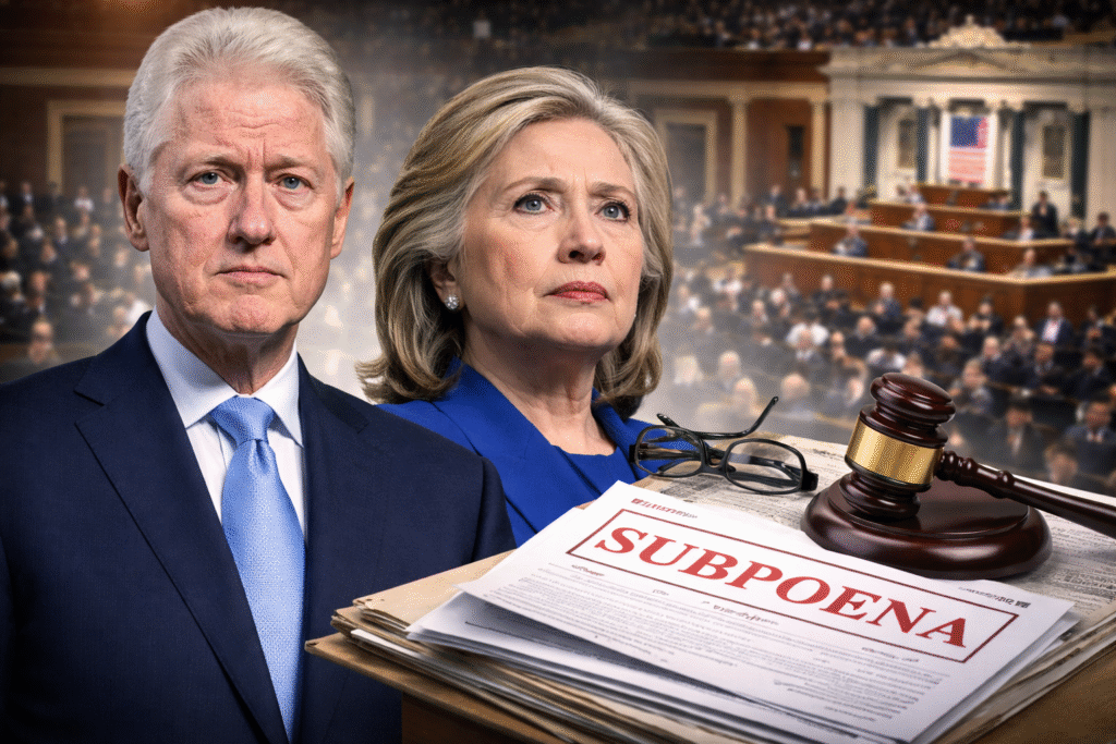 Composite image showing Bill and Hillary Clinton standing in front of the U.S. Capitol and a blurred House chamber, with subpoena documents and a judge’s gavel displayed in the foreground, symbolizing congressional contempt proceedings.