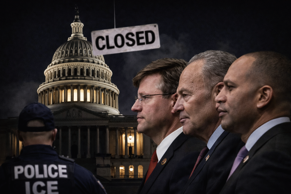 Profile silhouettes of congressional leaders in the foreground with the U.S. Capitol dome enlarged and illuminated at night behind them, emphasizing a government shutdown backdrop.