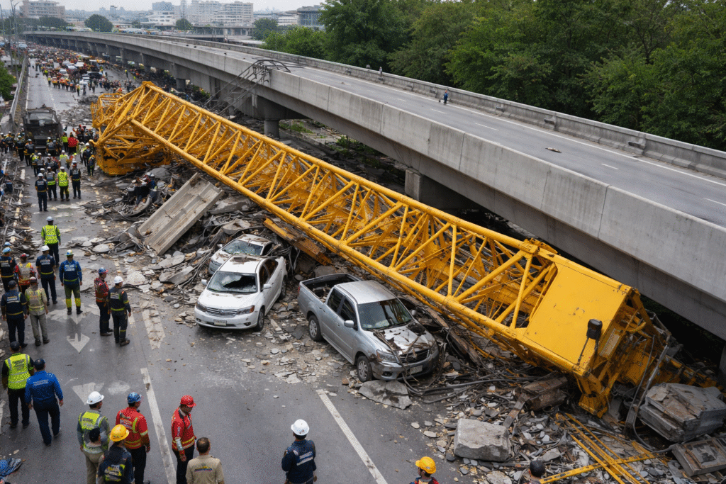 Collapsed yellow construction crane lies across a roadway in Samut Sakhon, Thailand, crushing two vehicles as emergency workers stand nearby amid debris from the accident.