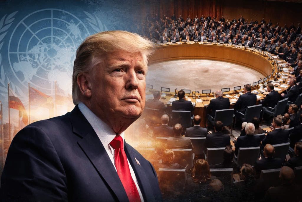 President Donald Trump in a dark suit and red tie stands in the foreground, with the United Nations General Assembly chamber and international delegates visible in the background, symbolizing global diplomacy and geopolitical power shifts.