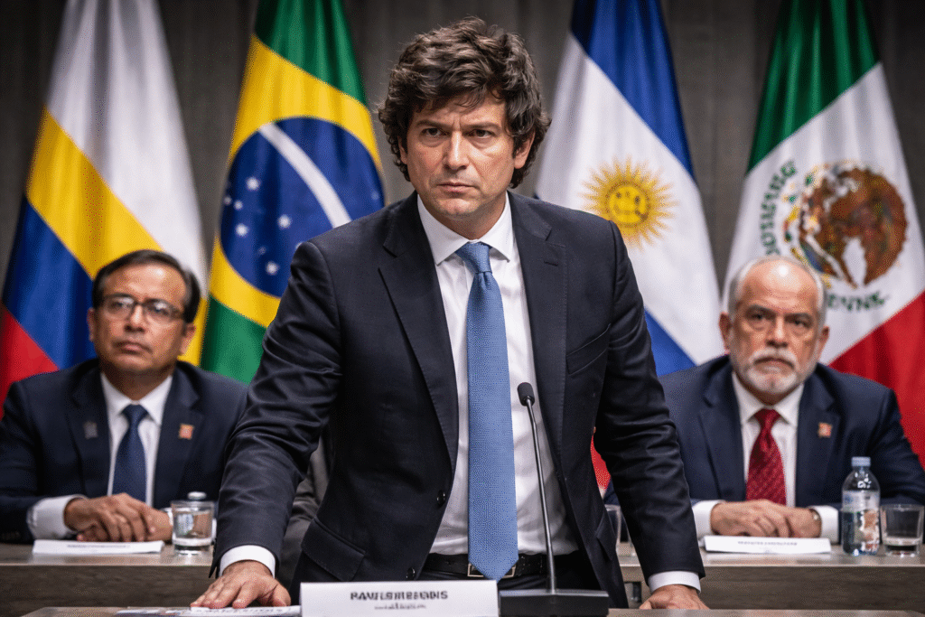 Argentina’s President Javier Milei stands at a conference table during a regional summit, with other Latin American leaders seated behind him and national flags displayed in the background.
