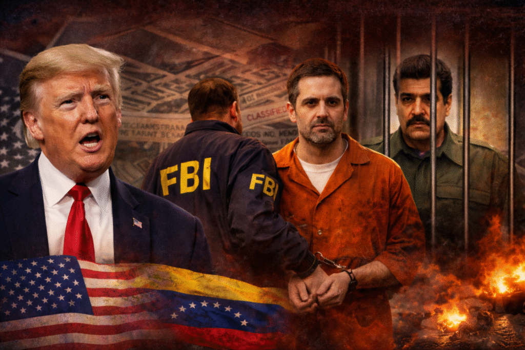 Digital composite image showing Donald Trump speaking in the foreground, with an FBI agent arresting a man in an orange prison jumpsuit behind him and Venezuelan leader Nicolás Maduro depicted behind bars in the background, set against layered U.S. and Venezuela-themed imagery.