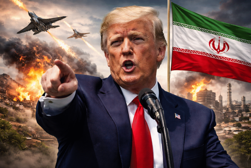 President Donald Trump speaks at a podium with fighter jets and explosions over a Middle Eastern city in the background, alongside an Iranian flag, illustrating rising US–Iran military tensions.
