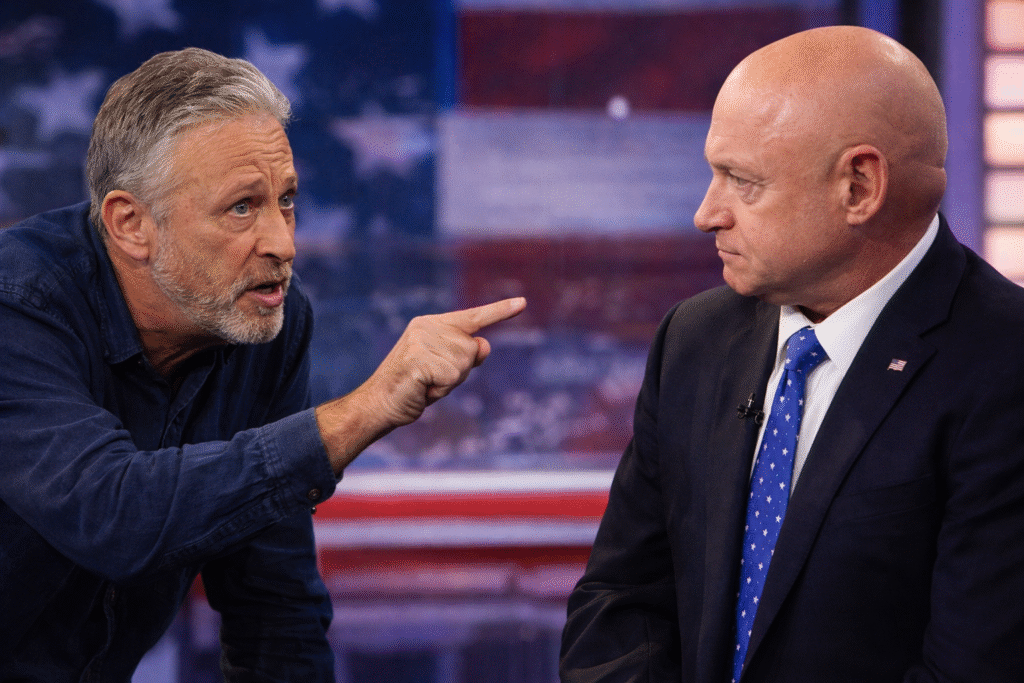 Jon Stewart gestures during a television interview while Senator Mark Kelly listens intently, with an American flag backdrop highlighting a tense discussion over claims of illegal military orders.