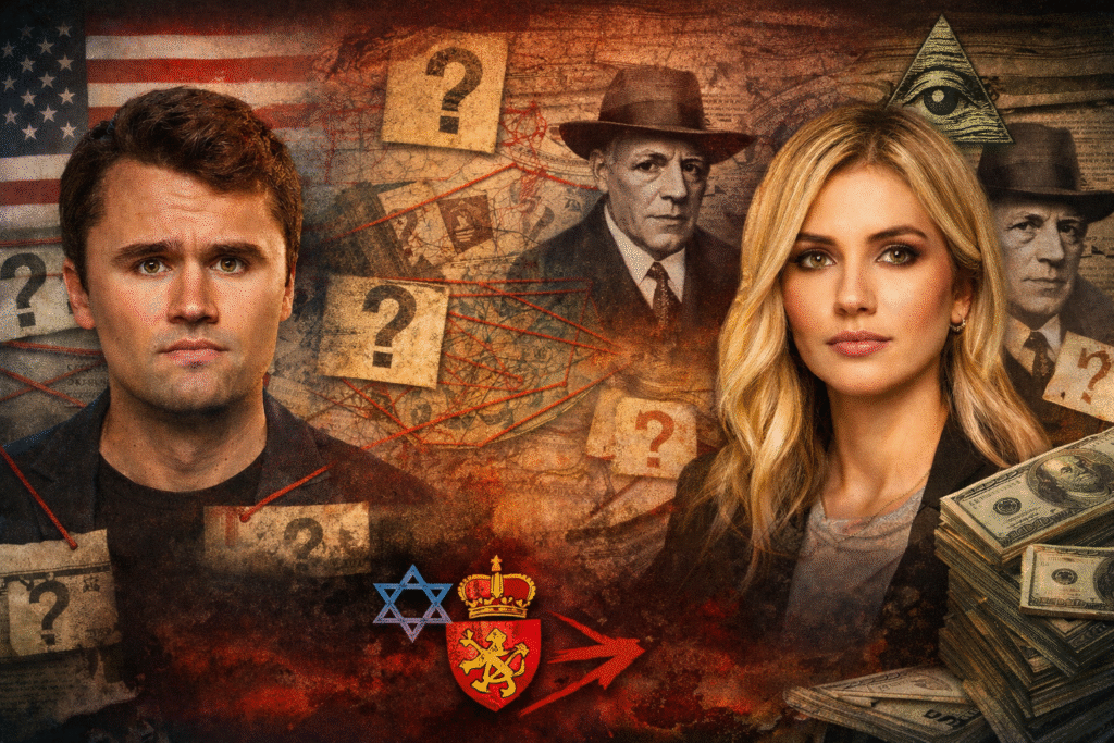 Digitally created composite image showing Charlie Kirk and Erika Kirk facing forward against a dark, textured background with question marks, red string connections, vintage photographs, stacks of cash, and symbolic imagery suggesting investigation or hidden connections.