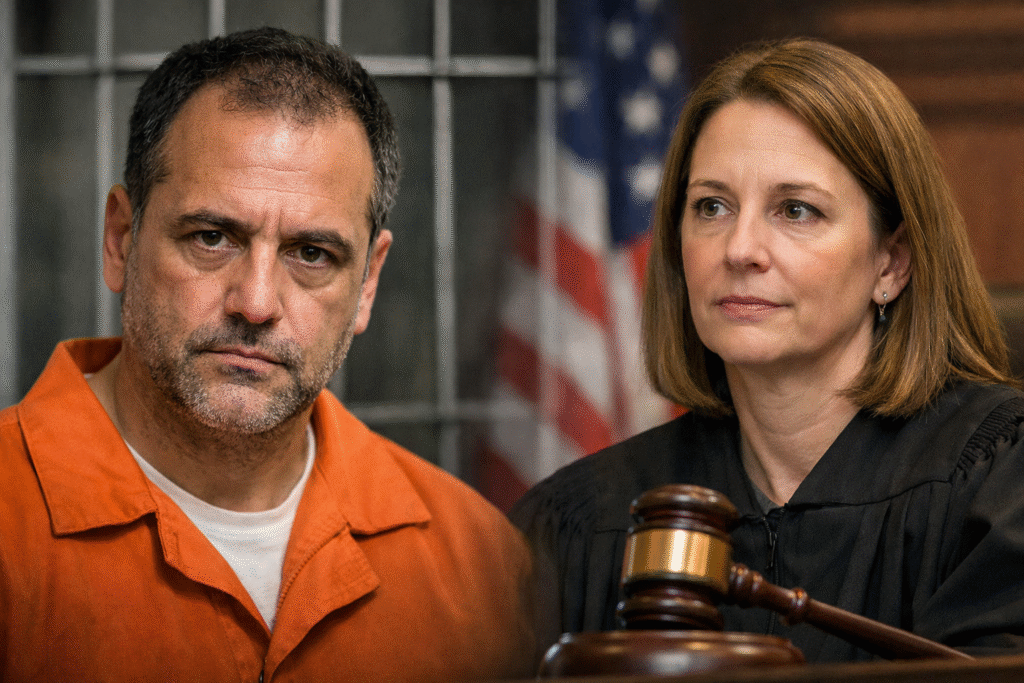 Composite image showing Luigi Mangione in an orange prison jumpsuit beside Judge Margaret Garnett in a black judicial robe, with prison bars and a blurred American flag in the background.
