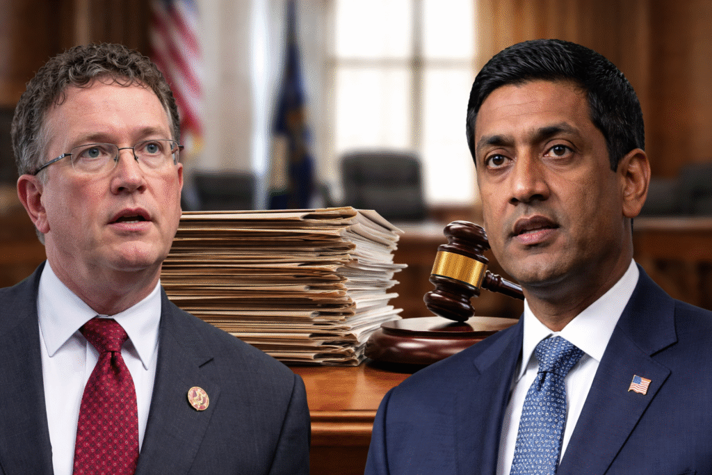 Portrait-style composite image showing U.S. Representatives Thomas Massie and Ro Khanna standing in front of a blurred federal courtroom setting, with stacked legal files and a judge’s gavel visible behind them.