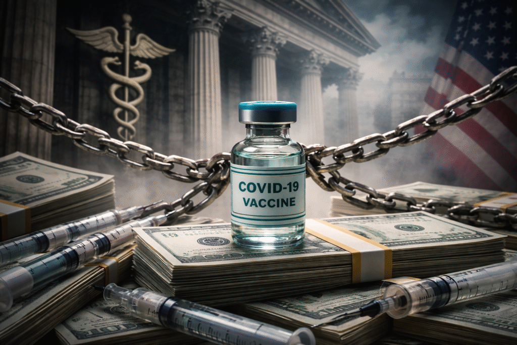 Glass vial labeled COVID-19 vaccine resting on stacks of U.S. dollar bills, surrounded by syringes, with chains and a government building in the background symbolizing regulatory control.