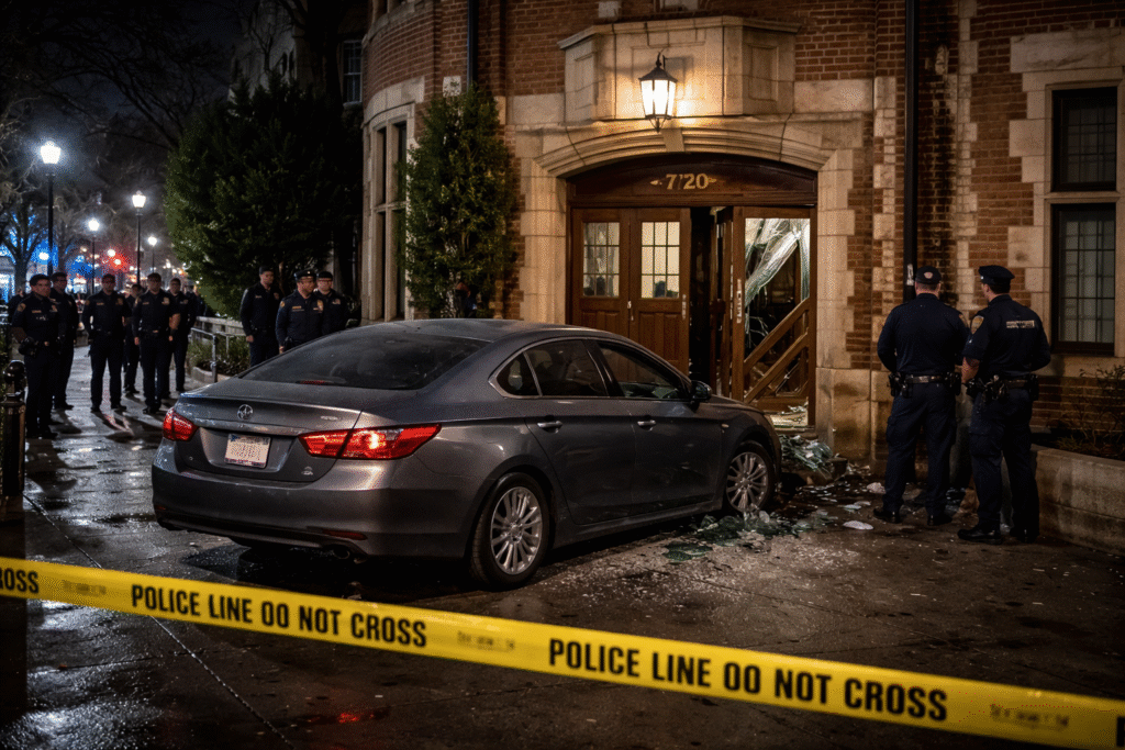 Police officers stand outside Chabad-Lubavitch world headquarters at 770 Eastern Parkway in Brooklyn after a gray sedan crashed into the entrance, damaging doors and scattering debris at night.