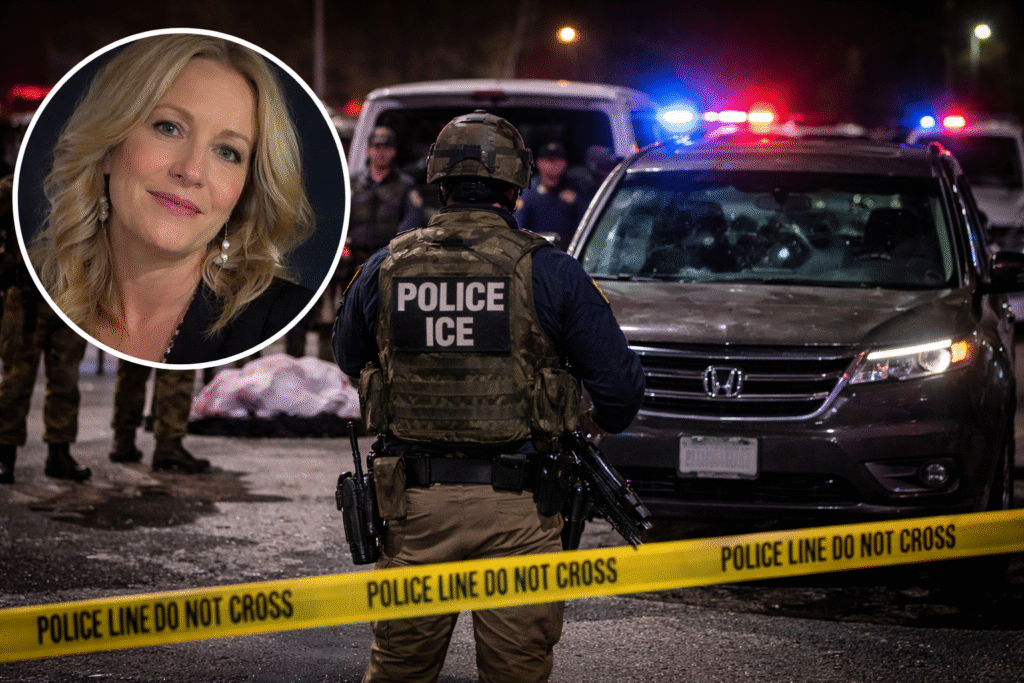 Law enforcement officers secure a nighttime crime scene in Minneapolis involving a Honda Pilot SUV behind police tape, with an ICE officer in tactical gear visible near the vehicle and flashing emergency lights in the background.