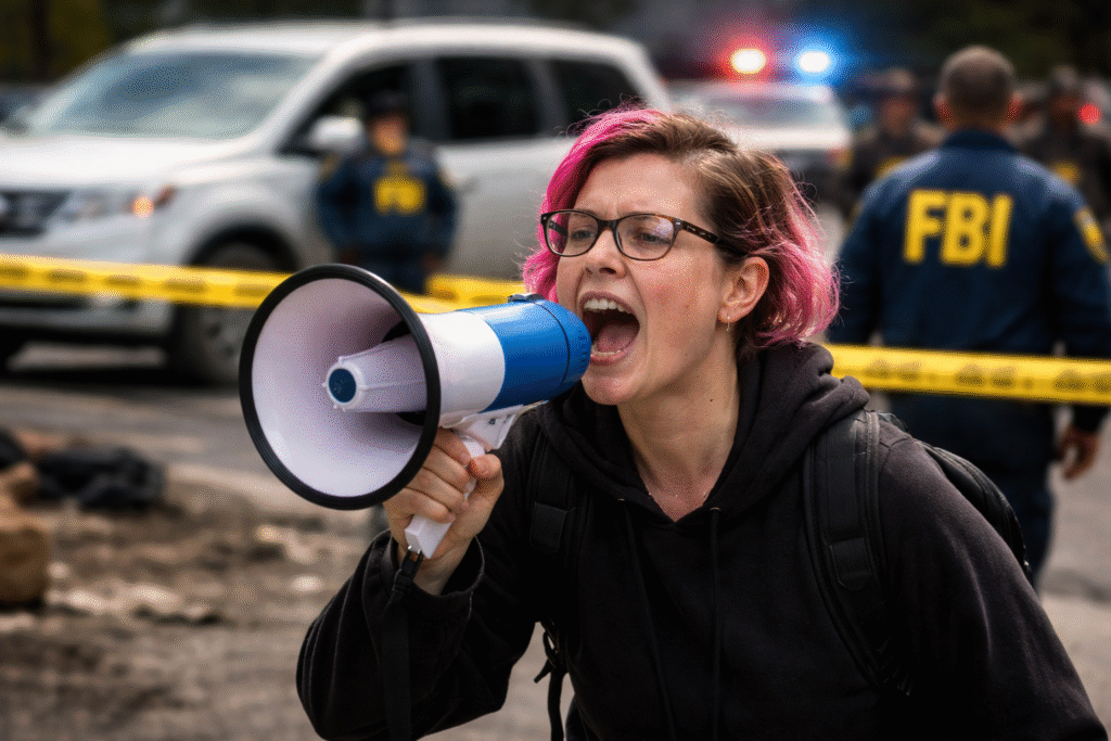 Woman holding a megaphone speaks near a police-secured scene with FBI agents, a white minivan, and law enforcement vehicles visible in the background.