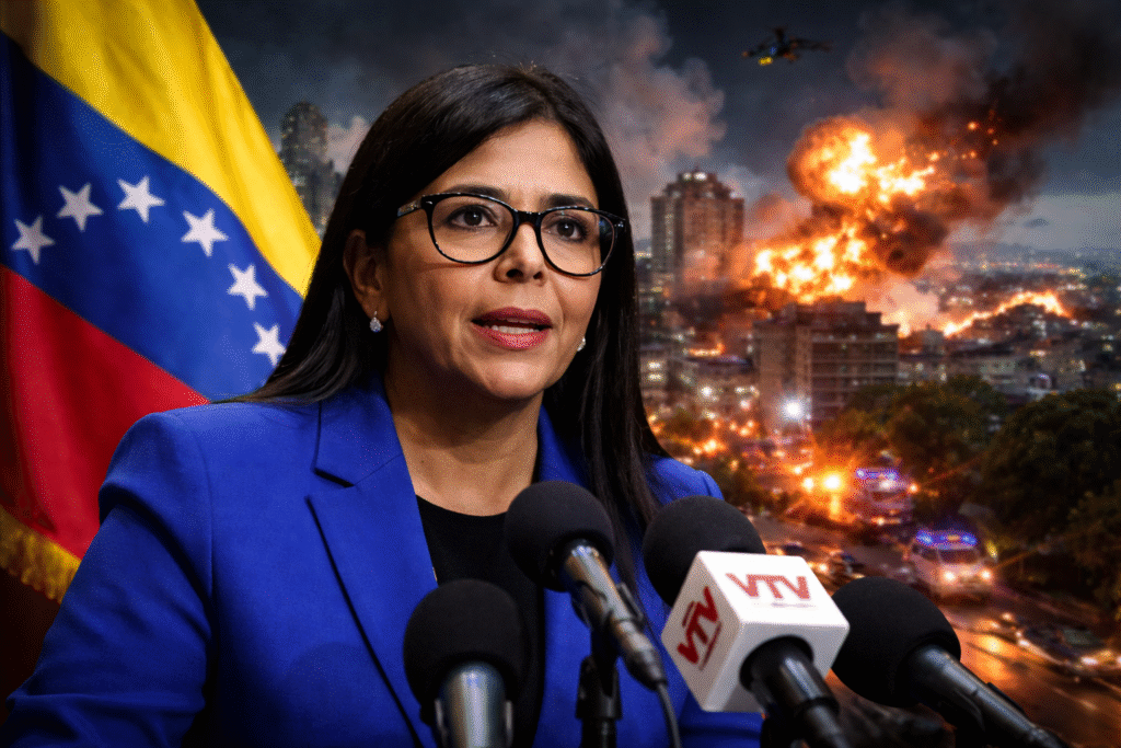 Delcy Rodríguez speaking at a podium in front of microphones, with the Venezuelan flag behind her and explosions, emergency lights, and helicopters visible over Caracas in the background at night.