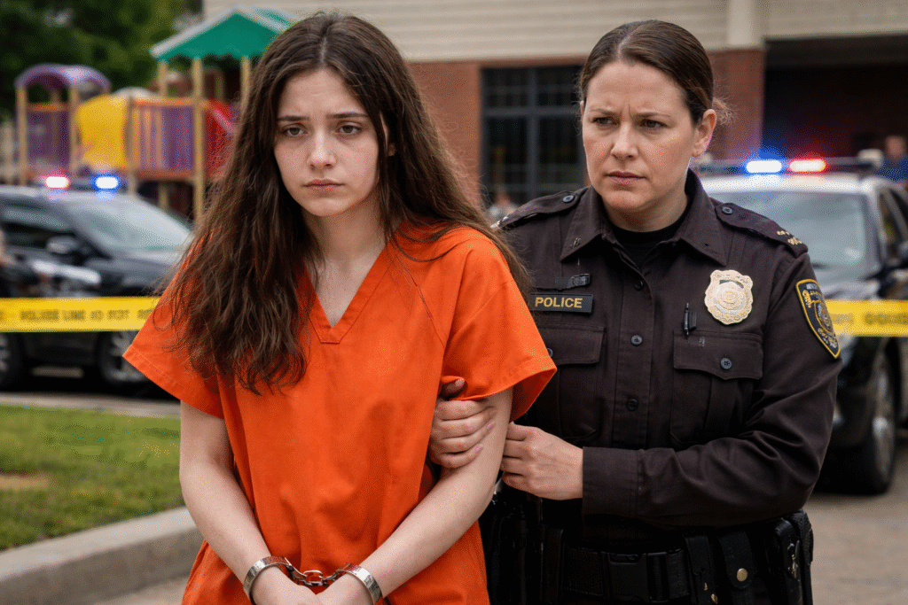 A young woman in an orange jail uniform is escorted in handcuffs by a police officer outside a day care facility, with police tape and patrol vehicles visible in the background.