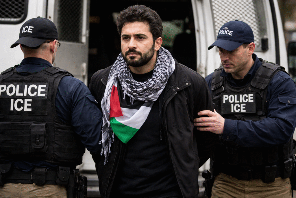 Mahmoud Khalil is escorted by ICE officers toward a transport vehicle during an immigration enforcement arrest, with officers wearing marked ICE vests visible on both sides.