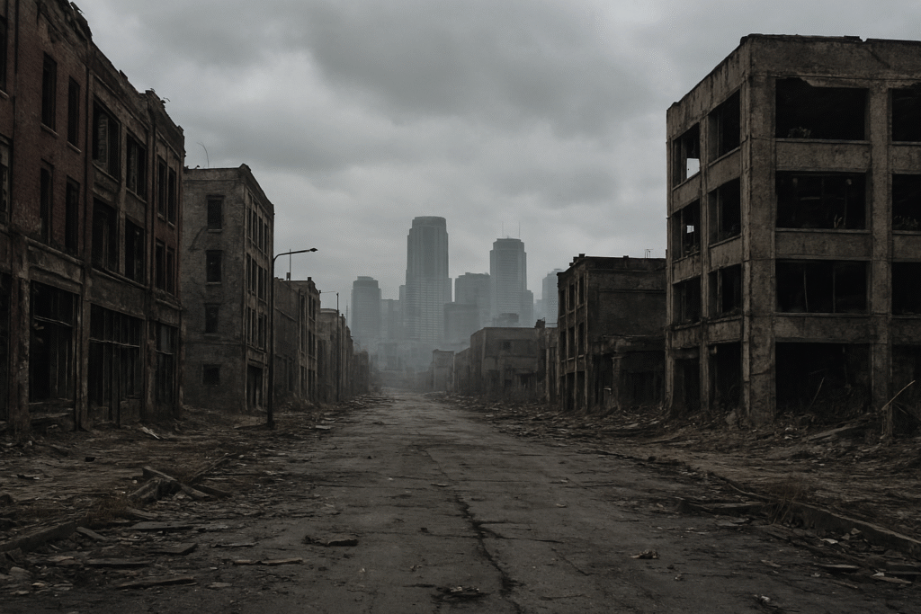 Abandoned Minneapolis street under gray skies, lined with crumbling buildings and scattered debris.