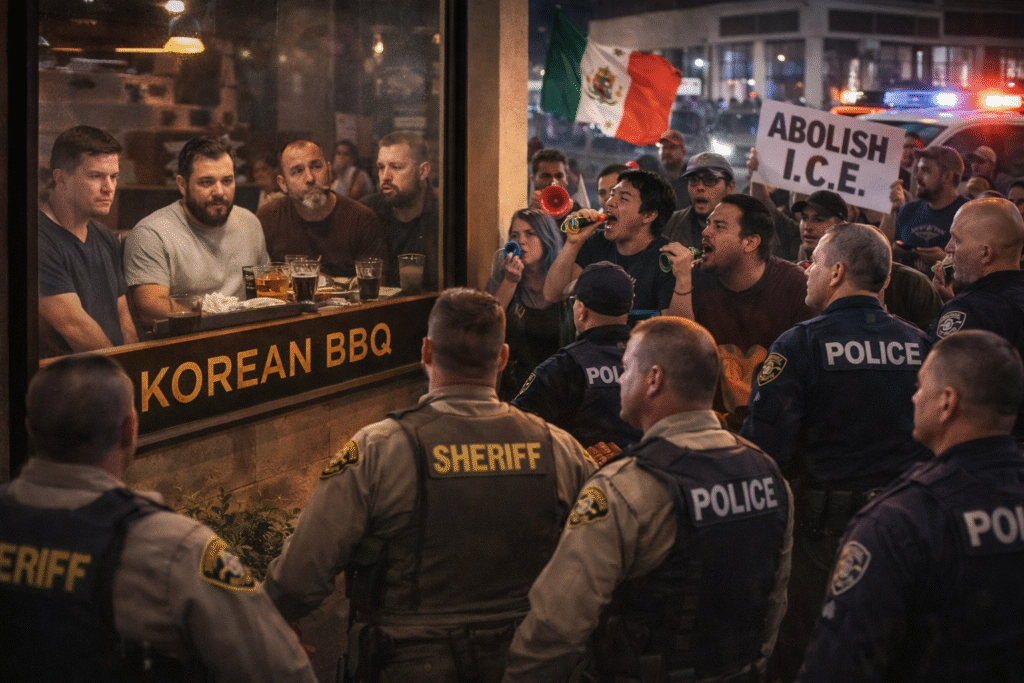 Nighttime scene outside a California Korean restaurant showing law enforcement officers separating anti-ICE protesters from diners inside, after activists mistakenly targeted civilians, with protest signs and flags visible outside the window.