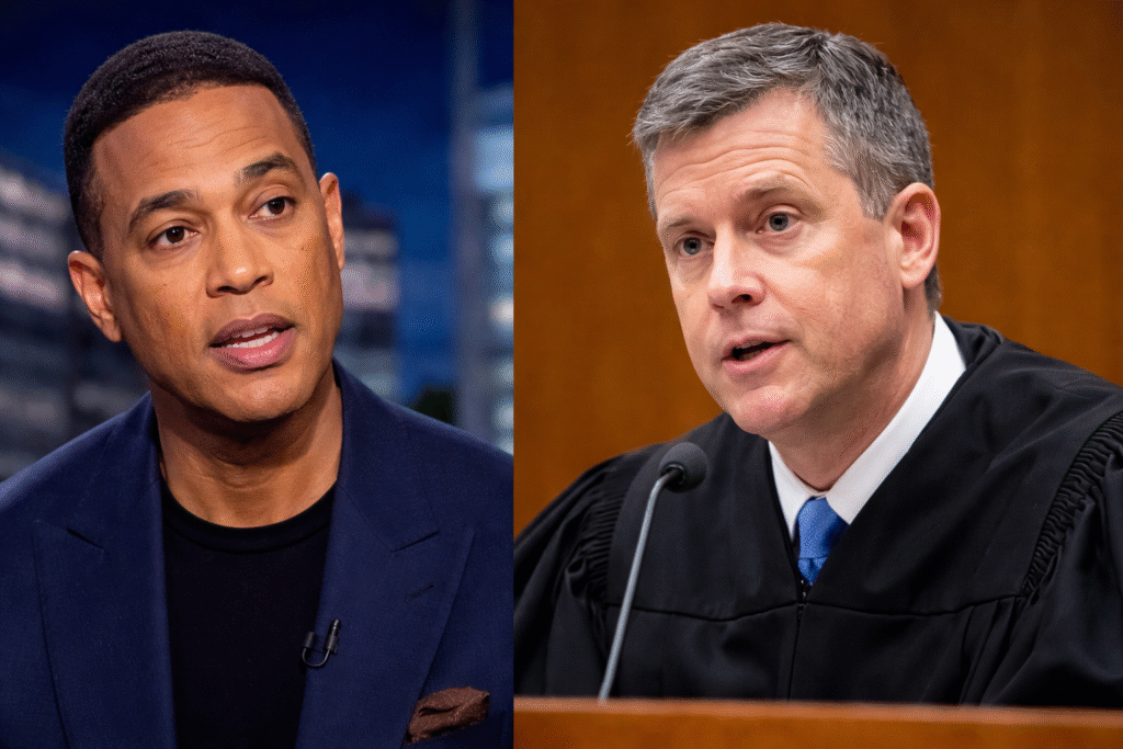 Split-image showing Don Lemon in a studio setting beside a federal magistrate judge seated in a courtroom, illustrating a legal controversy involving a blocked arrest decision.