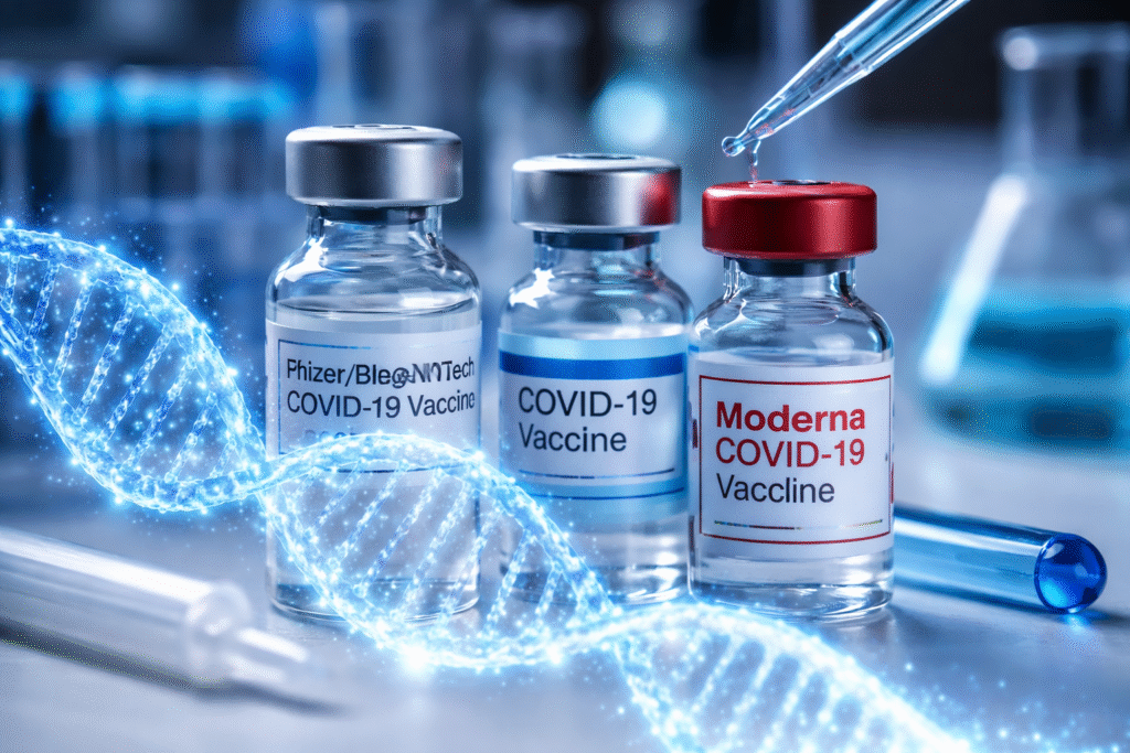 Close-up laboratory image of Pfizer-BioNTech and Moderna COVID-19 vaccine vials on a lab bench with a glowing DNA double helix illustration and a pipette dispensing liquid, symbolizing genetic material analysis.