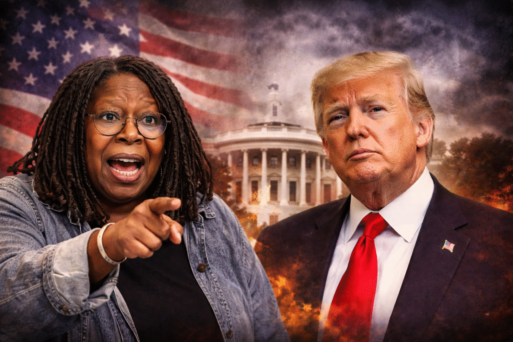 Whoopi Goldberg pointing forward with an animated expression beside Donald Trump standing sternly in a suit and red tie, with the White House and an American flag in the background amid dark, smoky tones, symbolizing political confrontation and media criticism.