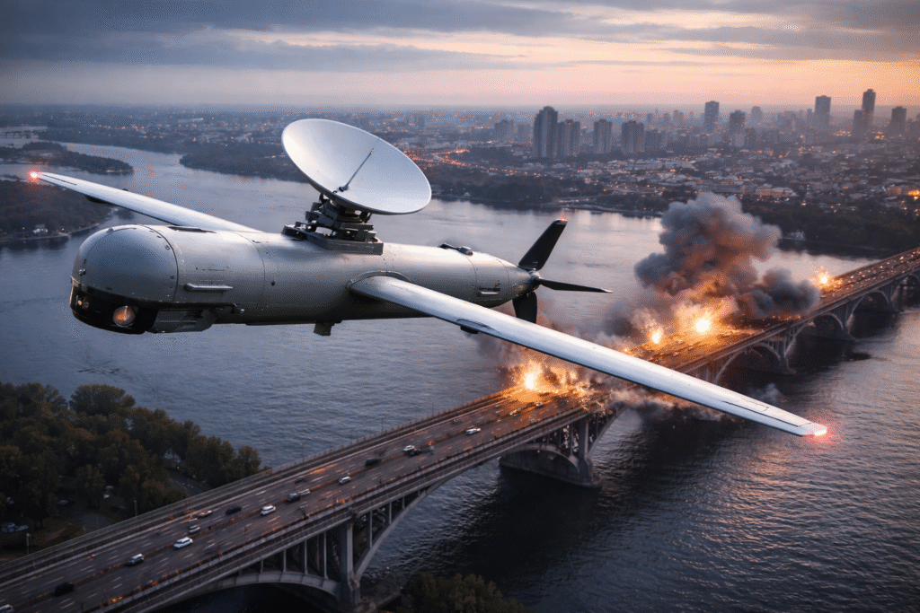Illustrative image of a military-style unmanned aerial vehicle flying above a large river bridge at dusk, with smoke and fire visible on sections of the bridge and an urban skyline in the background.