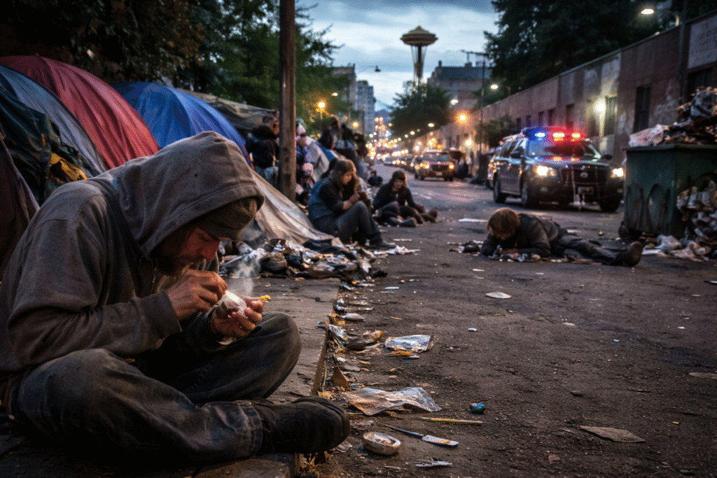 People use drugs on a Seattle street lined with tents and trash at dusk, with police vehicles in the background and the Space Needle visible in the distance.