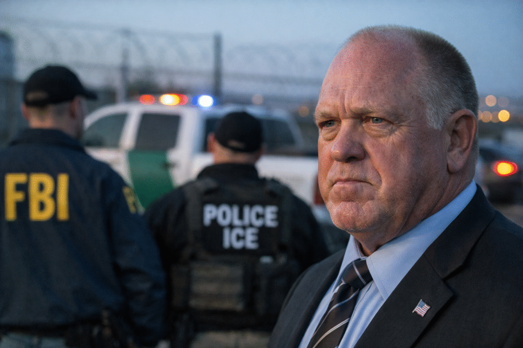 Trump border czar Tom Homan stands in the foreground at dusk, with FBI and ICE agents and a law enforcement vehicle visible near a fenced area in the background.